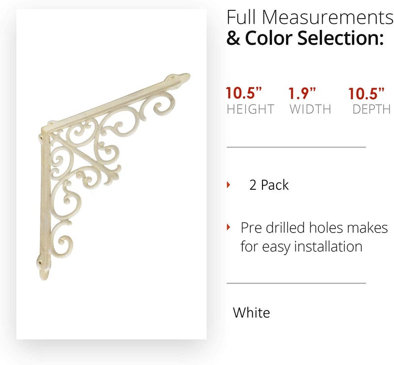 NACH Decorative Shelf Brackets, 2 Pack of 10.6 x 2 x 10.6 inch, Antique White Cast Iron Wall Shelf Brackets - Decorative Bookshelf Brackets - Victorian Style Shelf Bracket - Image 3